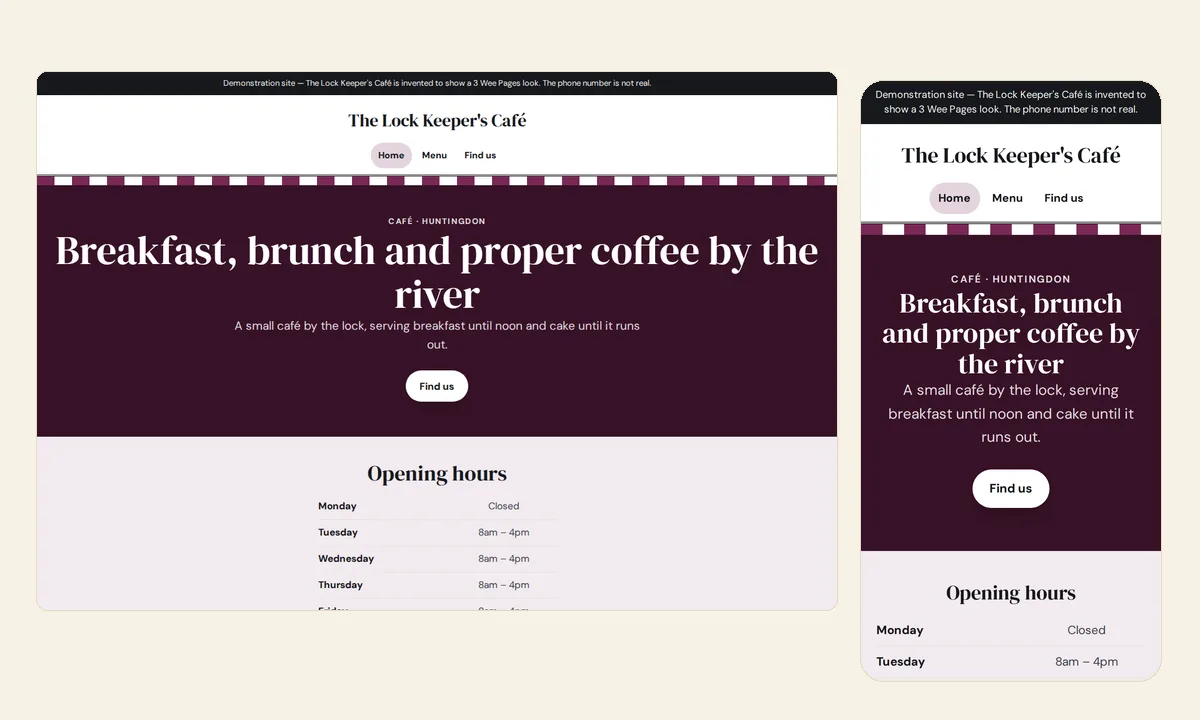 The Lock Keeper&rsquo;s Caf&eacute;&rsquo;s home page as it first loads: the headline and a Find us button, with opening hours by day straight underneath.