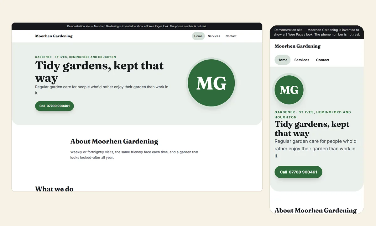 Moorhen Gardening&rsquo;s home page as it first loads: the villages it covers above the headline &ldquo;Tidy gardens, kept that way&rdquo; and a green Call button.