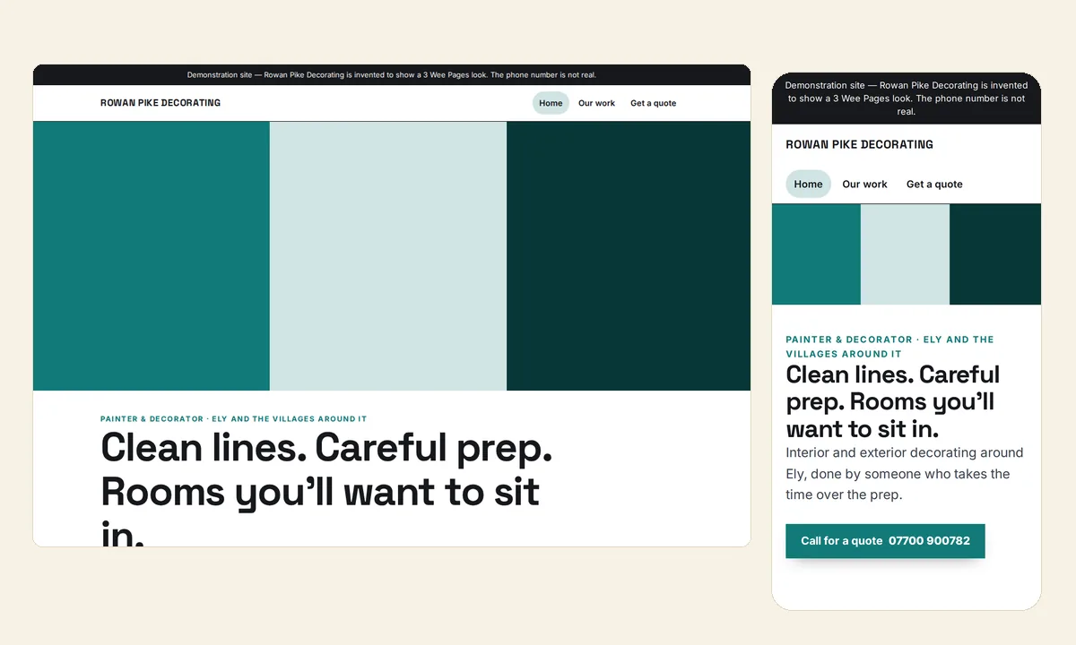 Rowan Pike Decorating&rsquo;s home page as it first loads: three colour panels where the decorator&rsquo;s photos go, then the headline and a Call for a quote button.