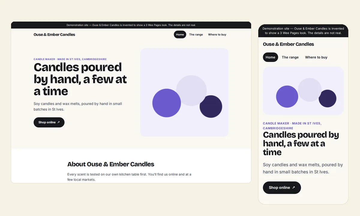 Ouse & Ember Candles&rsquo; home page as it first loads: the headline &ldquo;Candles poured by hand, a few at a time&rdquo; and a Shop online button.