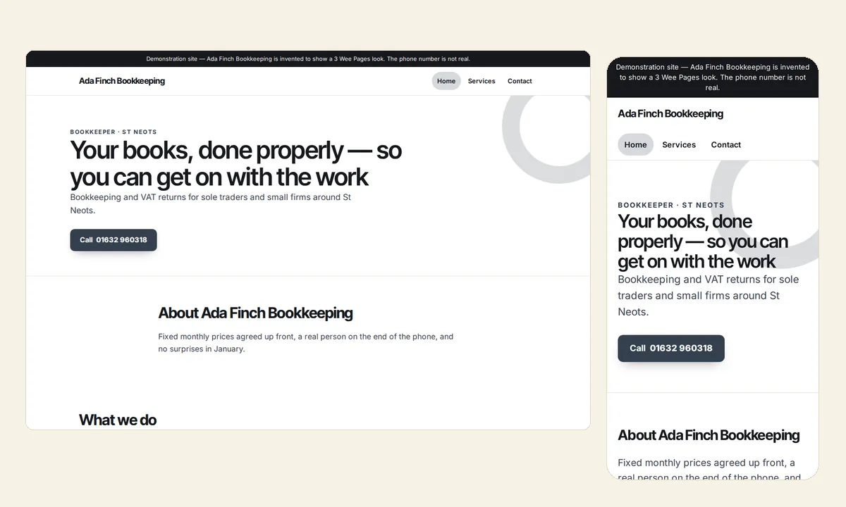 Ada Finch Bookkeeping&rsquo;s home page as it first loads: the headline &ldquo;Your books, done properly&rdquo; on a plain white page with a single Call button.