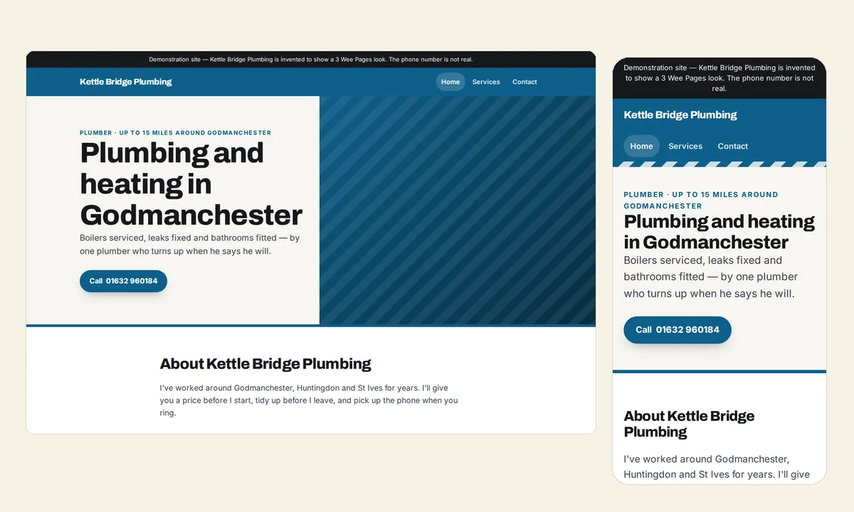 Kettle Bridge Plumbing&rsquo;s home page as it first loads: the headline &ldquo;Plumbing and heating in Godmanchester&rdquo; above a blue Call button showing the number.